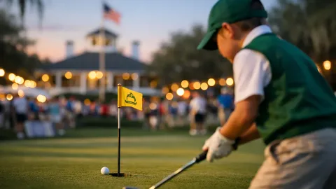 Young golfer practicing at Augusta National Golf Club during Drive Chip and Putt Championship before Masters Tournament