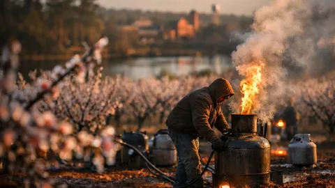 Peach blossoms covered in protective frost at dawn in Columbia County orchard with wind machine visible in background
